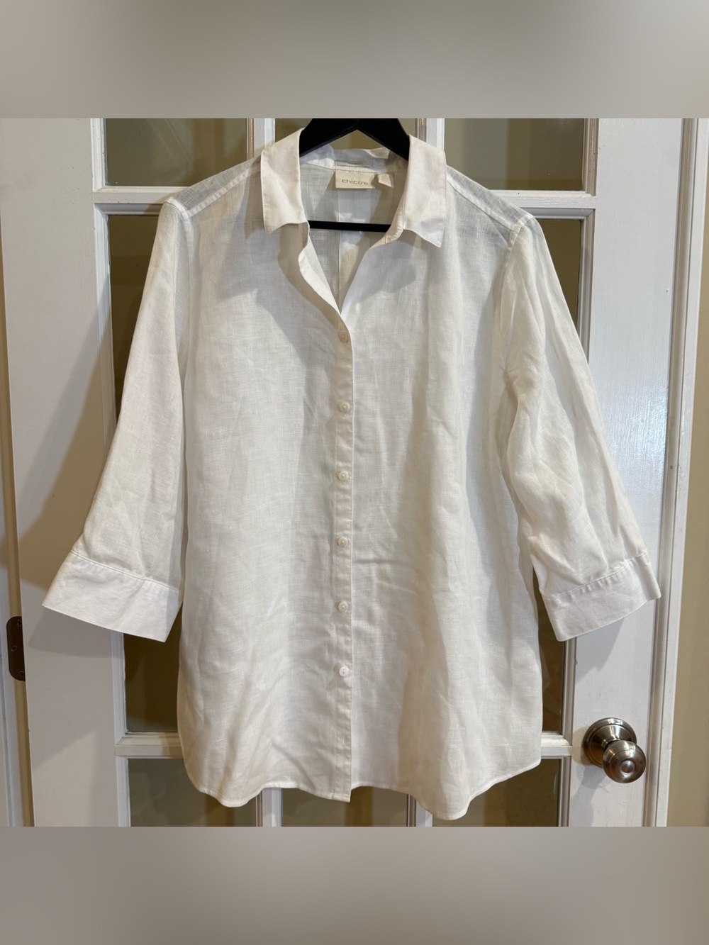 Chico's No Iron Linen Loop Back Tunic Top Women White Loose-Fitting Minimalist L